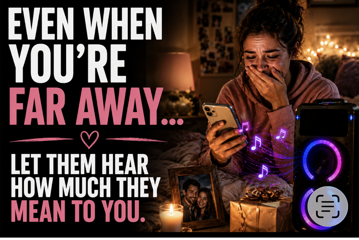 Woman listening to a personalized song from a loved one far away, staying emotionally connected across the distance.