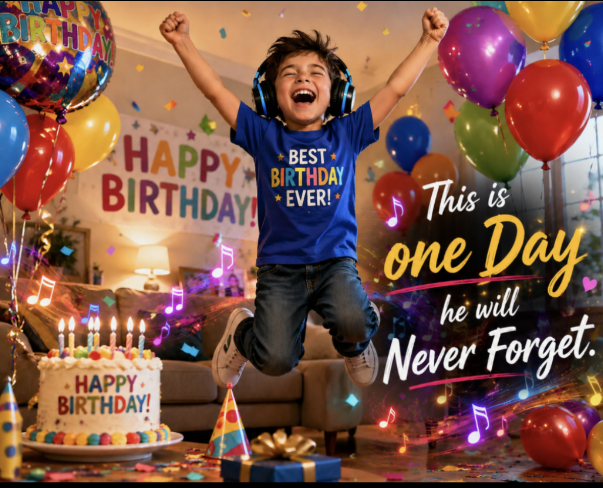 Happy boy celebrating his birthday with a personalized song gift created especially for him.